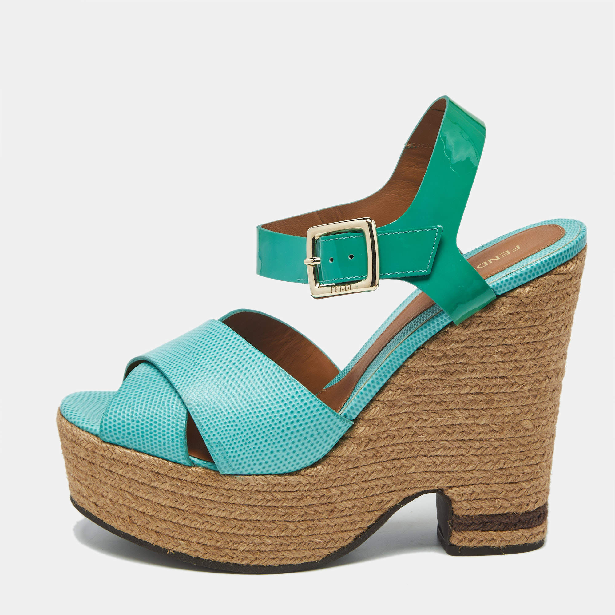 Pre Owned Fendi Green Lizard and Patent Leather Espadrille Wedge Sandals Size 40