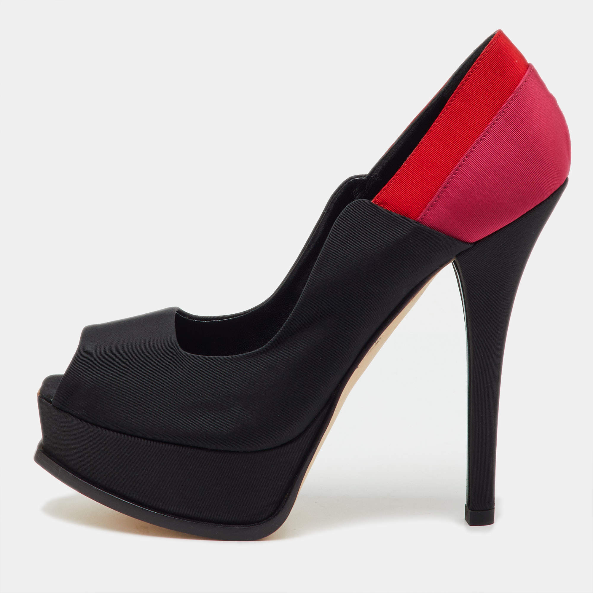 Pre Owned Fendi Tricolor Colorblock Canvas Fendista Peep Toe Platform Pumps Size 39.5