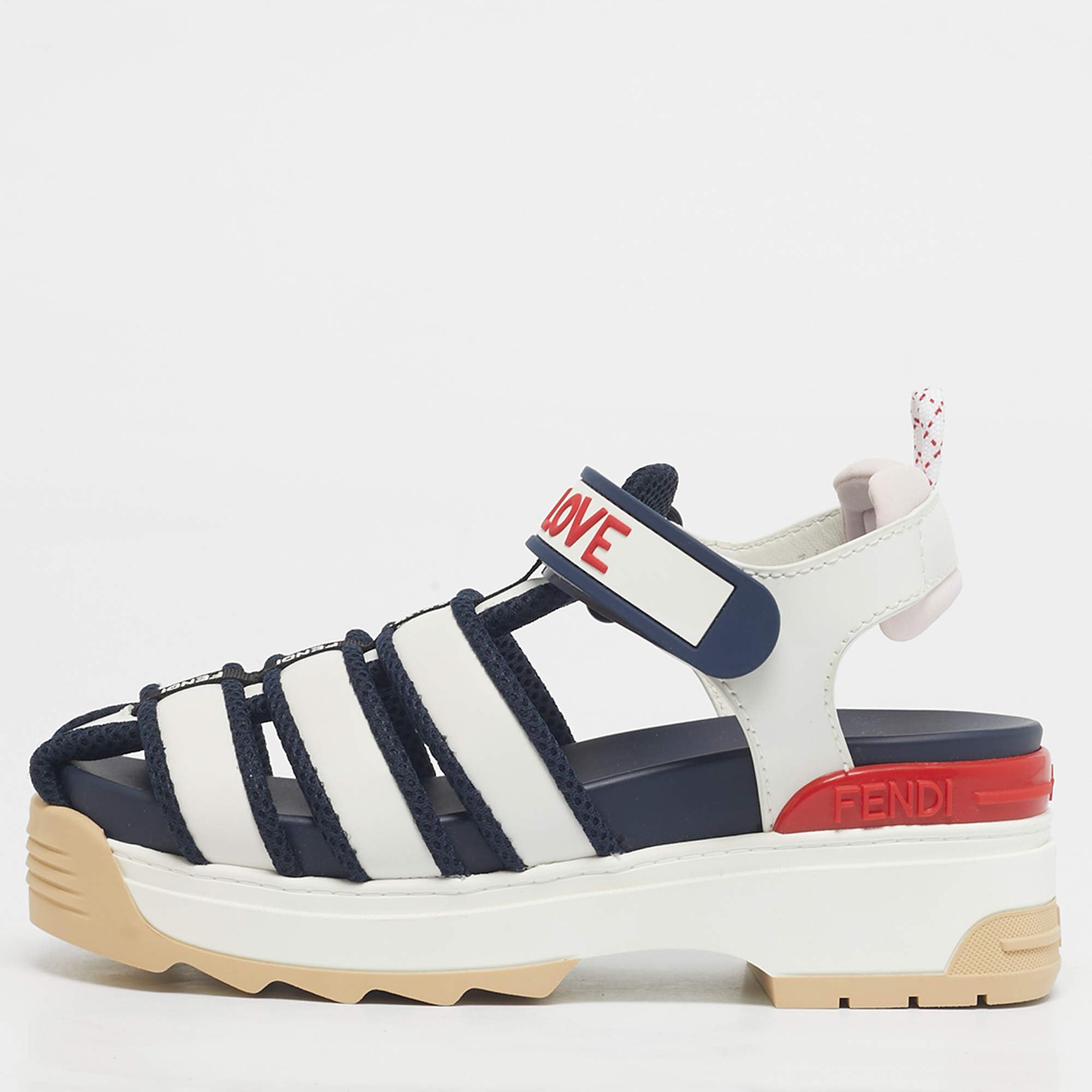 Pre Owned Fendi White/Navy Blue Leather and Mesh T-Rex Platform Sandals Size 36