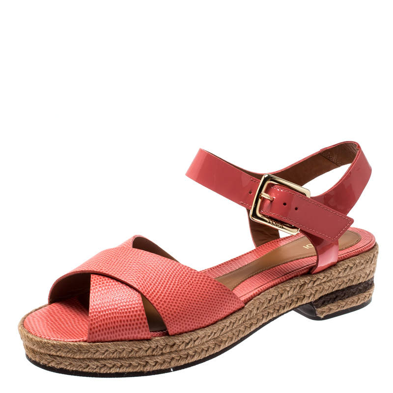 Pre Owned Fendi Pink Lizard Embossed Leather Hydra Cross Strap Espadrille Platform Sandals Size 38.5