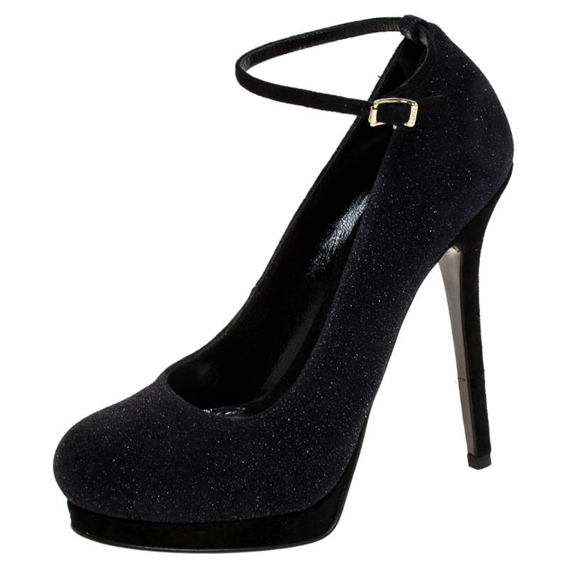 Pre Owned Fendi Black Glitter Suede Platform Ankle Strap Pumps Size 38