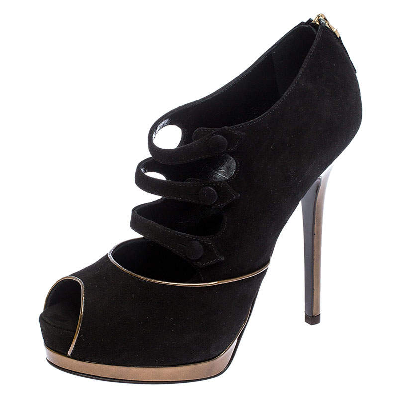 Pre Owned Fendi Black Suede Leather Victorian Peep Toe Platform Pumps Size 38