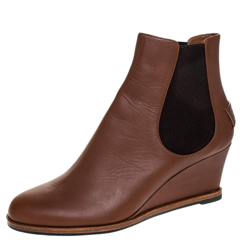 Pre Owned Fendi Brown Leather Wedge Heel Ankle Boots Size 41