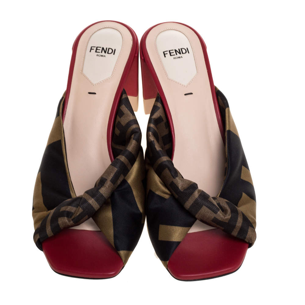 Fendi Green Black Logo Print Satin Twist Knotted Open Toe Mules Size 36 Fendi TLC