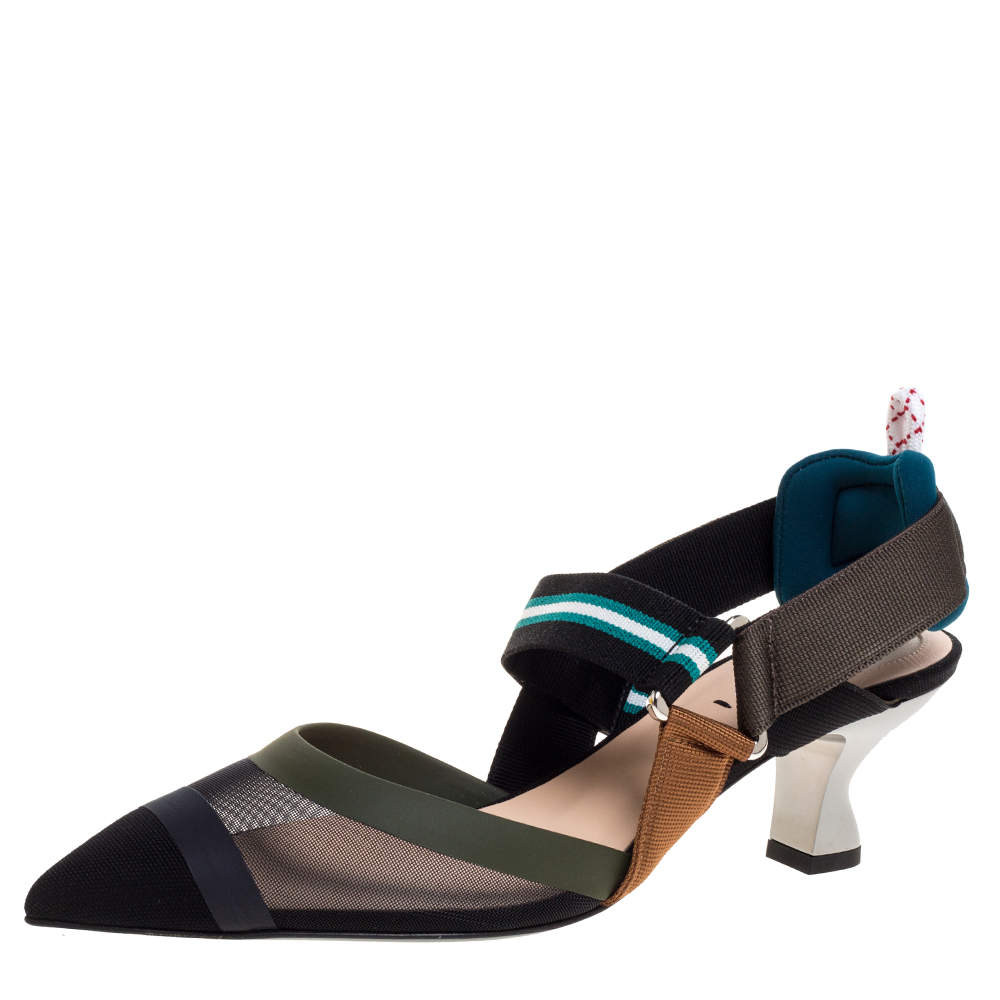Pre Owned Fendi Multicolor Mesh And Fabric Colibri Slingback Pointed Toe Sandals Size 37