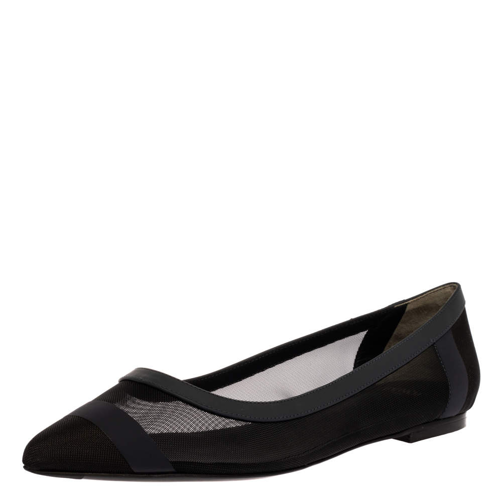 مملوكة مسبقًا Fendi Black/Blue Mesh And Leather Colibri Pointed Toe Flats Size 36.5