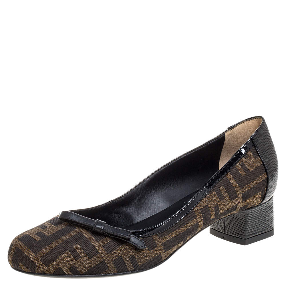 Pre Owned Fendi Brown Tobacco Zucca Canvas And Lizard Embossed Leather Bow Block Heel Pumps Size 37