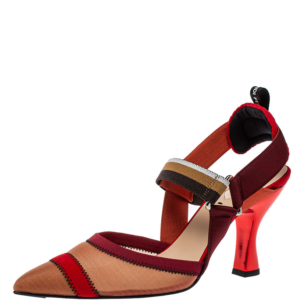 Fendi Multicolor Mesh And Fabric Colibri Slingback Sandals Size 40
