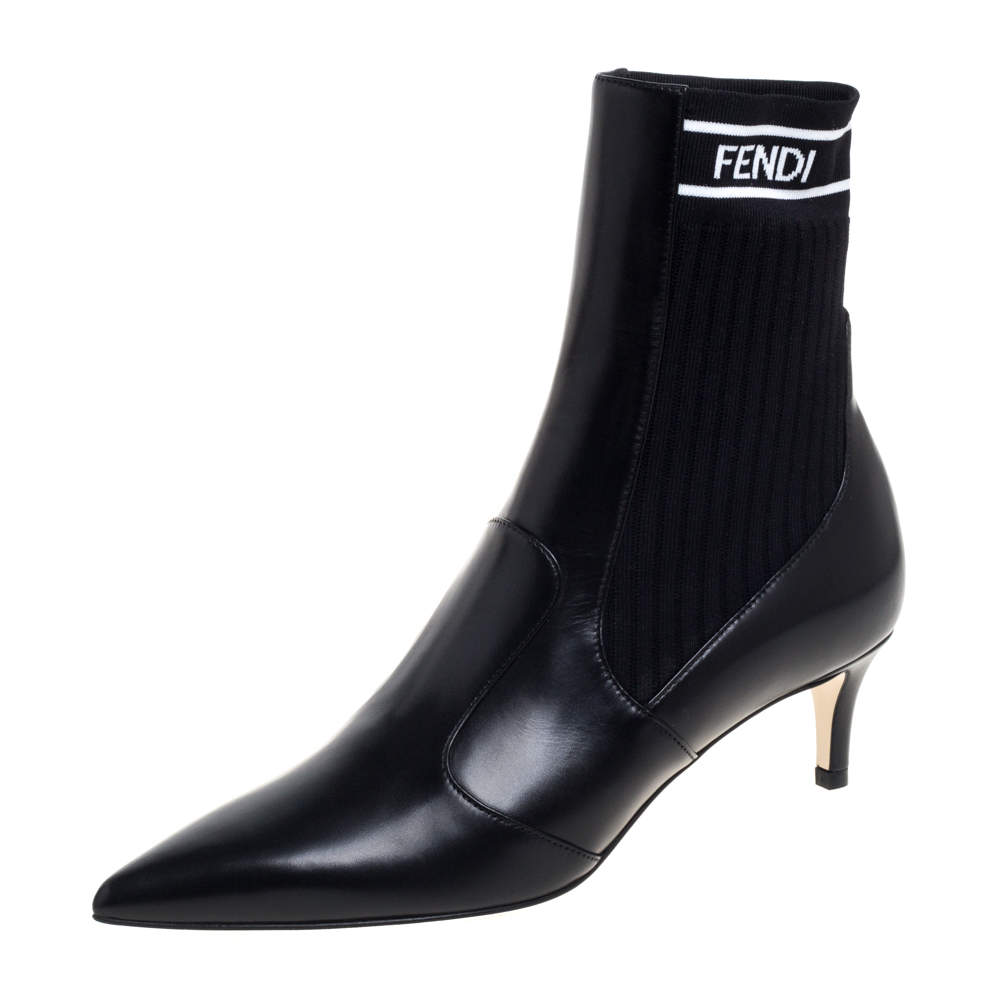 Pre Owned Fendi Black Leather And Knit Fabric Rockoko Pointed Toe Ankle Booties Size 37