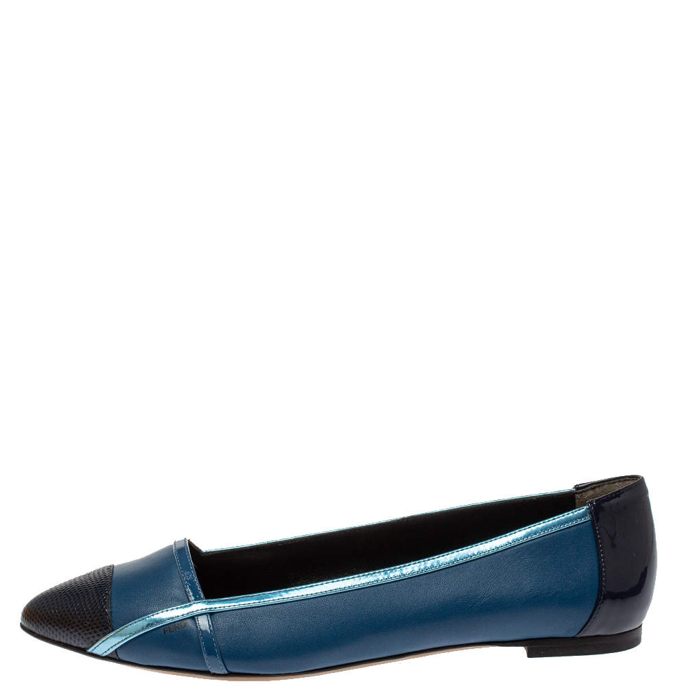Fendi Blue Patent Leather And Leather Pointed Toe Ballerina Flats Size 38.5