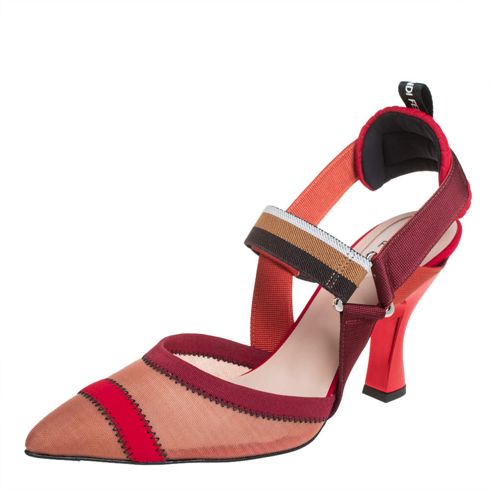 Fendi Red Mesh And Fabric Colibri Slingback Sandals Size 40