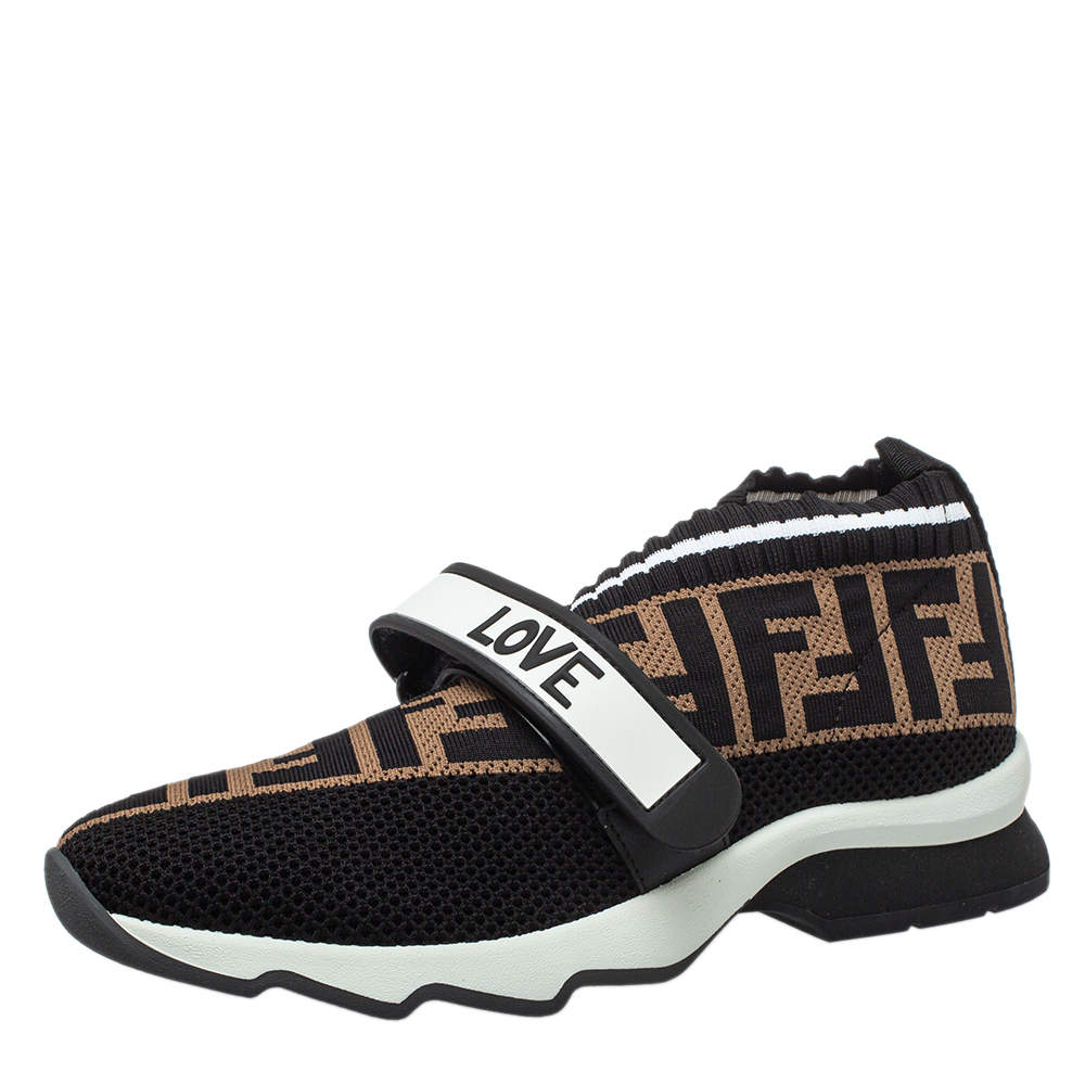 Fendi Brown/Black Knit Fabric And Rubber Strap Rockoko Sneakers Size 35
