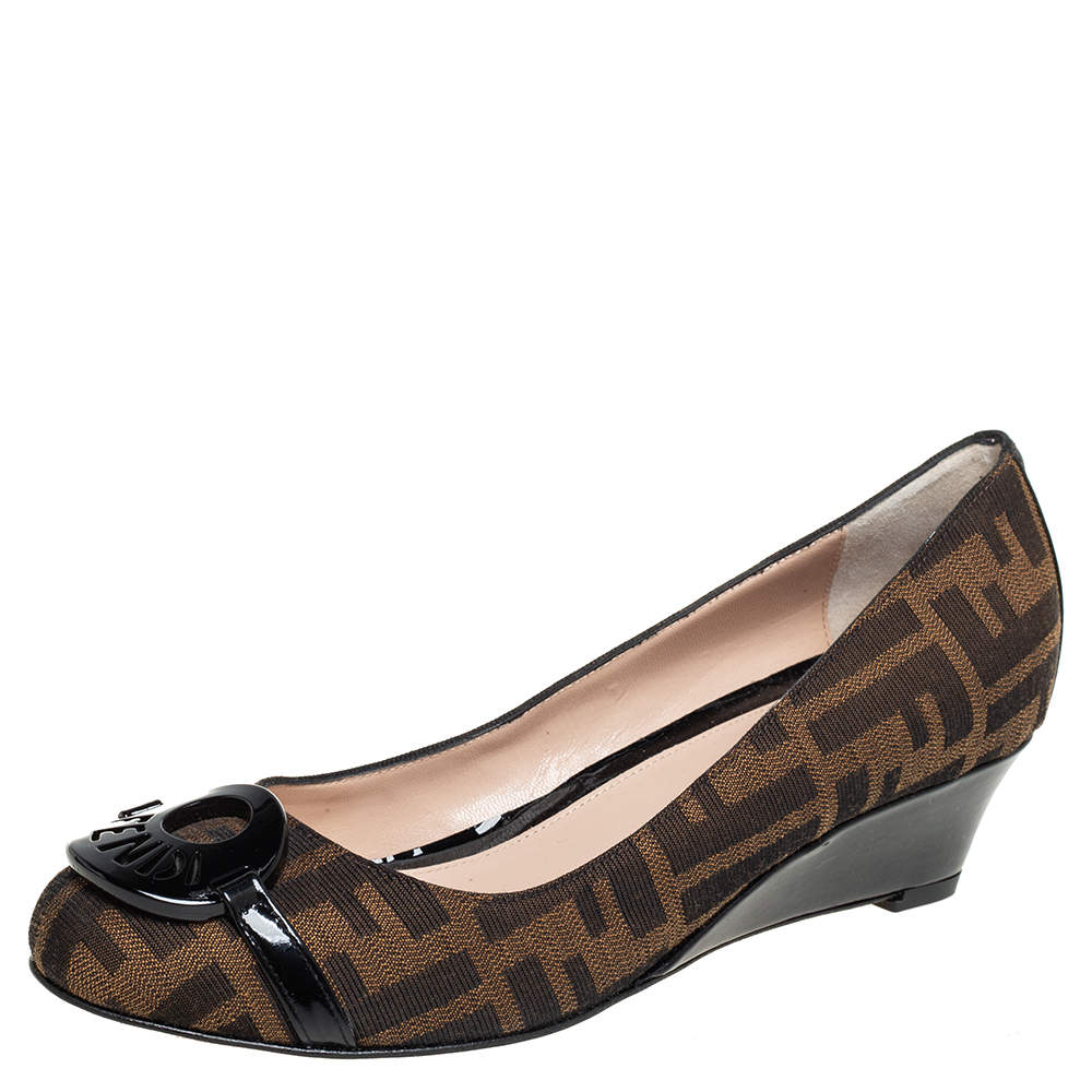 Pre Owned Fendi Brown Zucca Canvas Patent Leather  Wedge Pumps Size 37.5