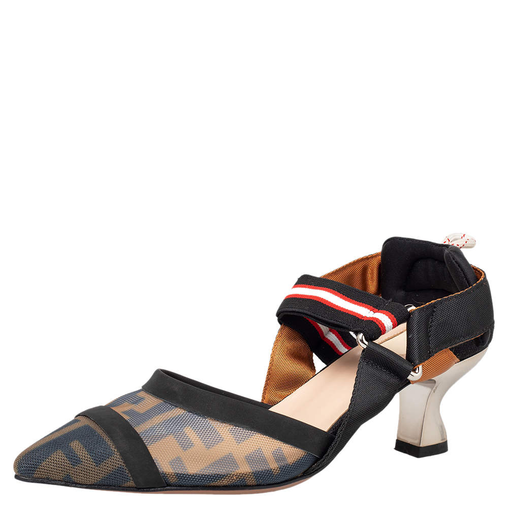 Pre Owned Fendi Brown/Black Zucca Mesh And Leather Colibri Slingback Sandals Size 38