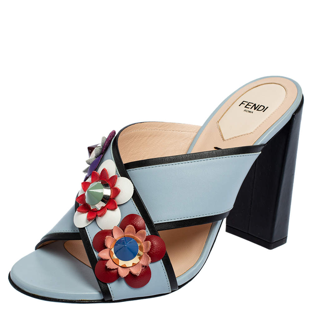 Fendi Blue Leather Flowerland Mule Sandals Size 39