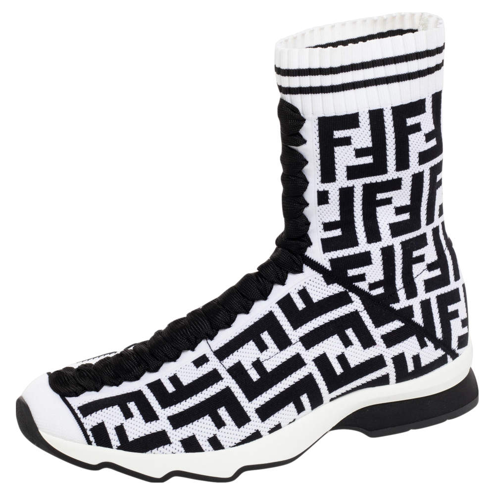 Pre Owned Fendi Black/White Knit Fabric Logo Sock Sneakers Size 39