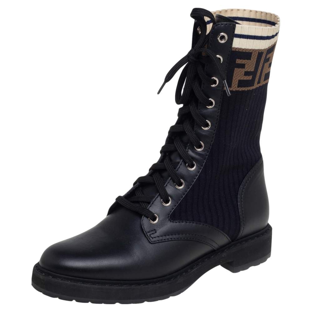 Pre Owned Fendi Black Leather And FF Motif Detail Stretch Fabric Rockoko Combat Boots Size 38