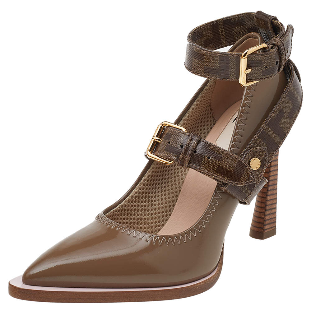 Pre Owned Fendi Brown Patent Leather And FF Coated Canvas Buckled Strap Décolleté Pumps Size 37.5