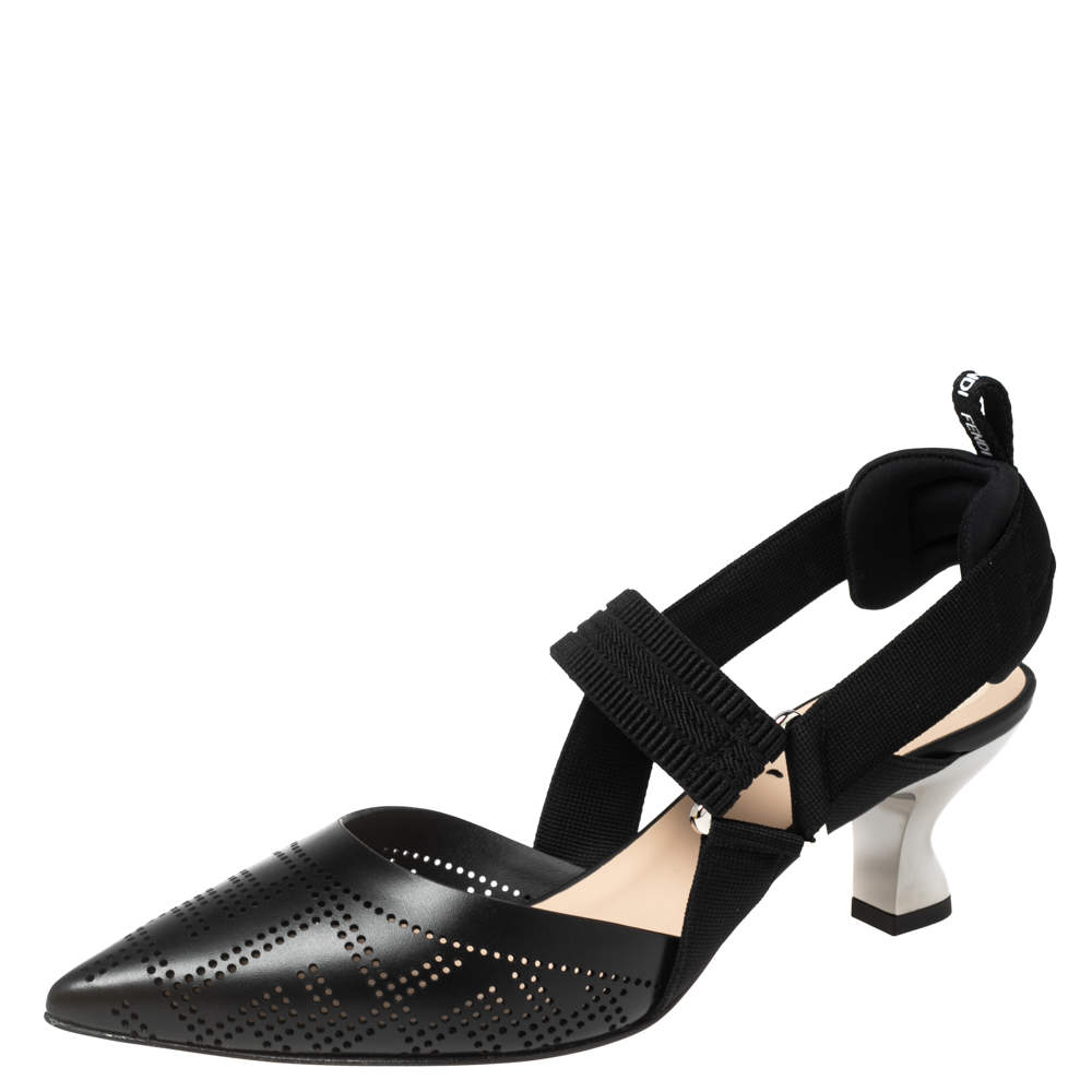 Pre Owned Fendi Black Leather And Canvas Colibri Slingback Sandals Size 37.5