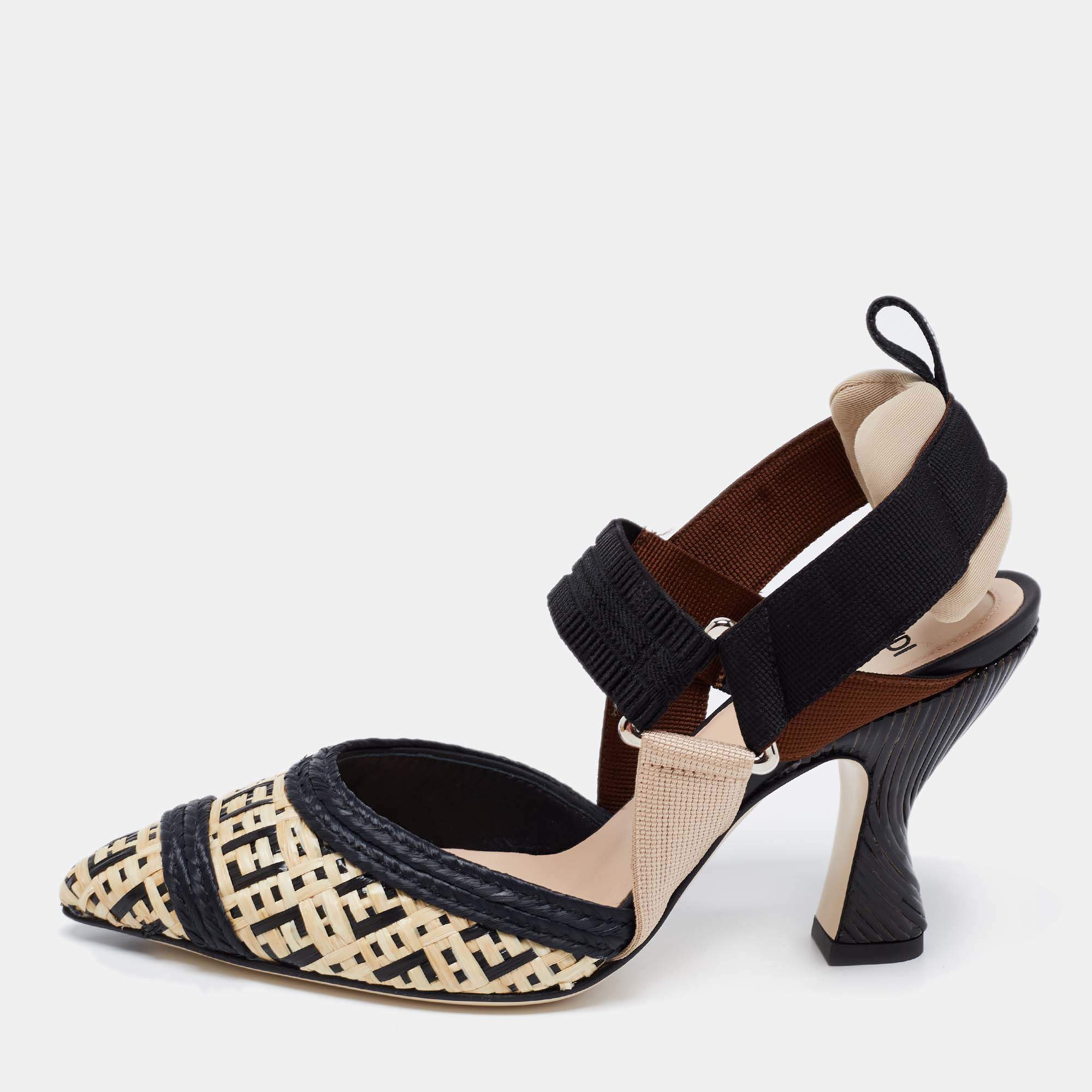 Pre Owned Fendi Beige Woven Raffia and Fabric Colibri Slingback Sandals Size 35