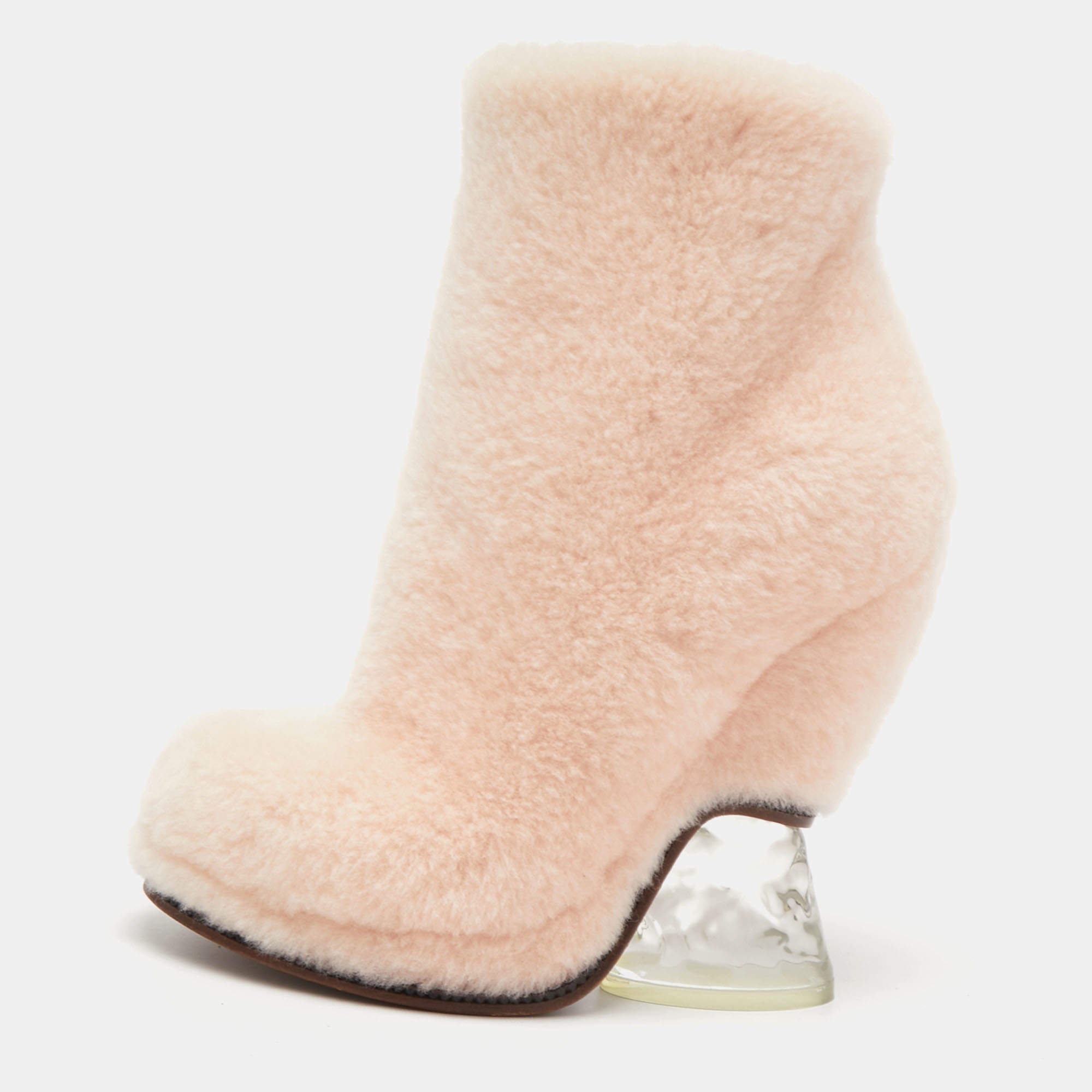 Pre Owned Fendi Light Pink Shearling Ice Heel Ankle Length Boots Size 36