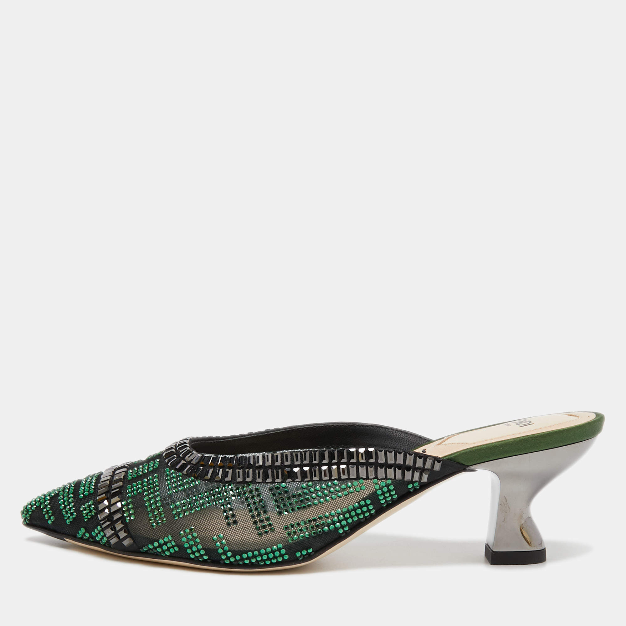 Pre Owned Fendi Green/Black Crystal Embellished Mesh Colibri Mules Size 35