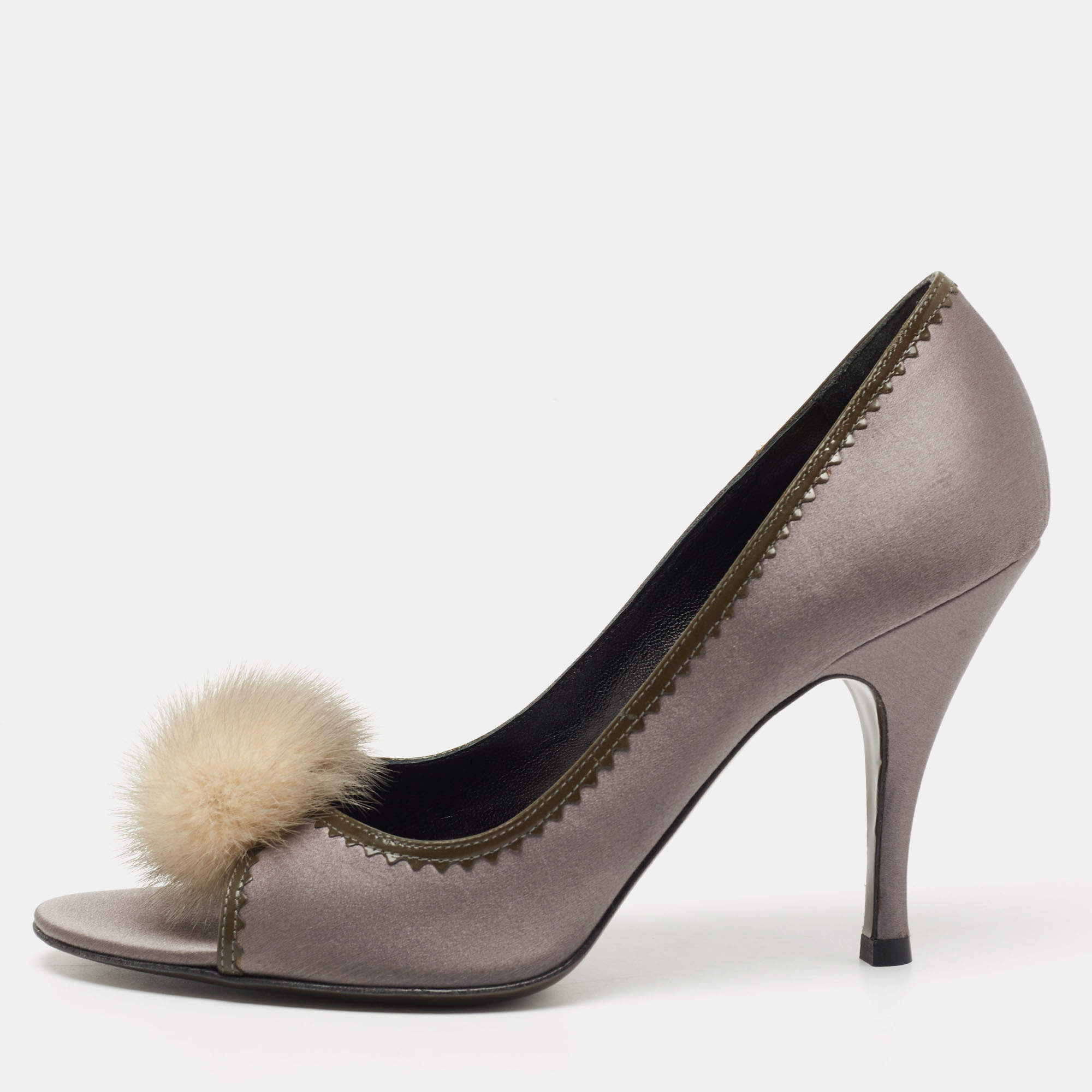 Pre Owned Fendi Grey Satin Pom Pom Open Toe Pumps Size 39