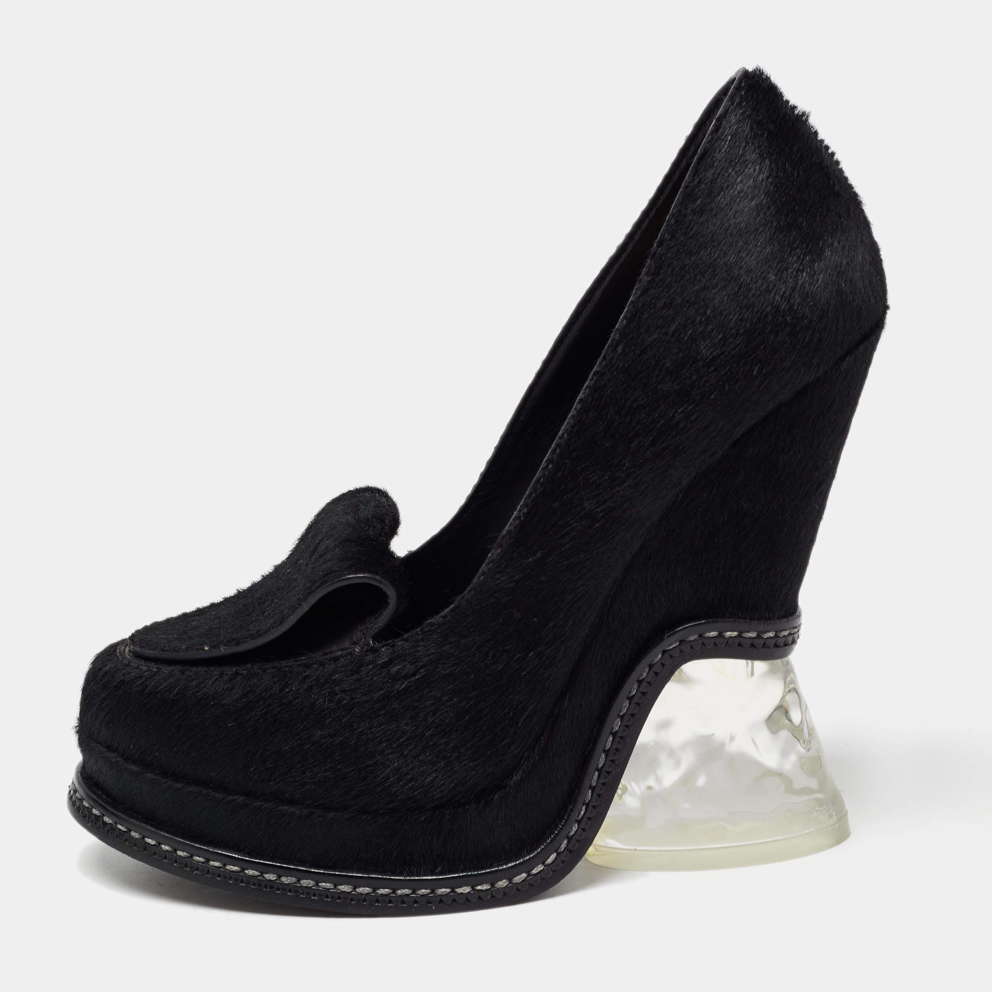 Fendi Black Calf Hair Block Heel Loafer Pumps Size 36 Fendi