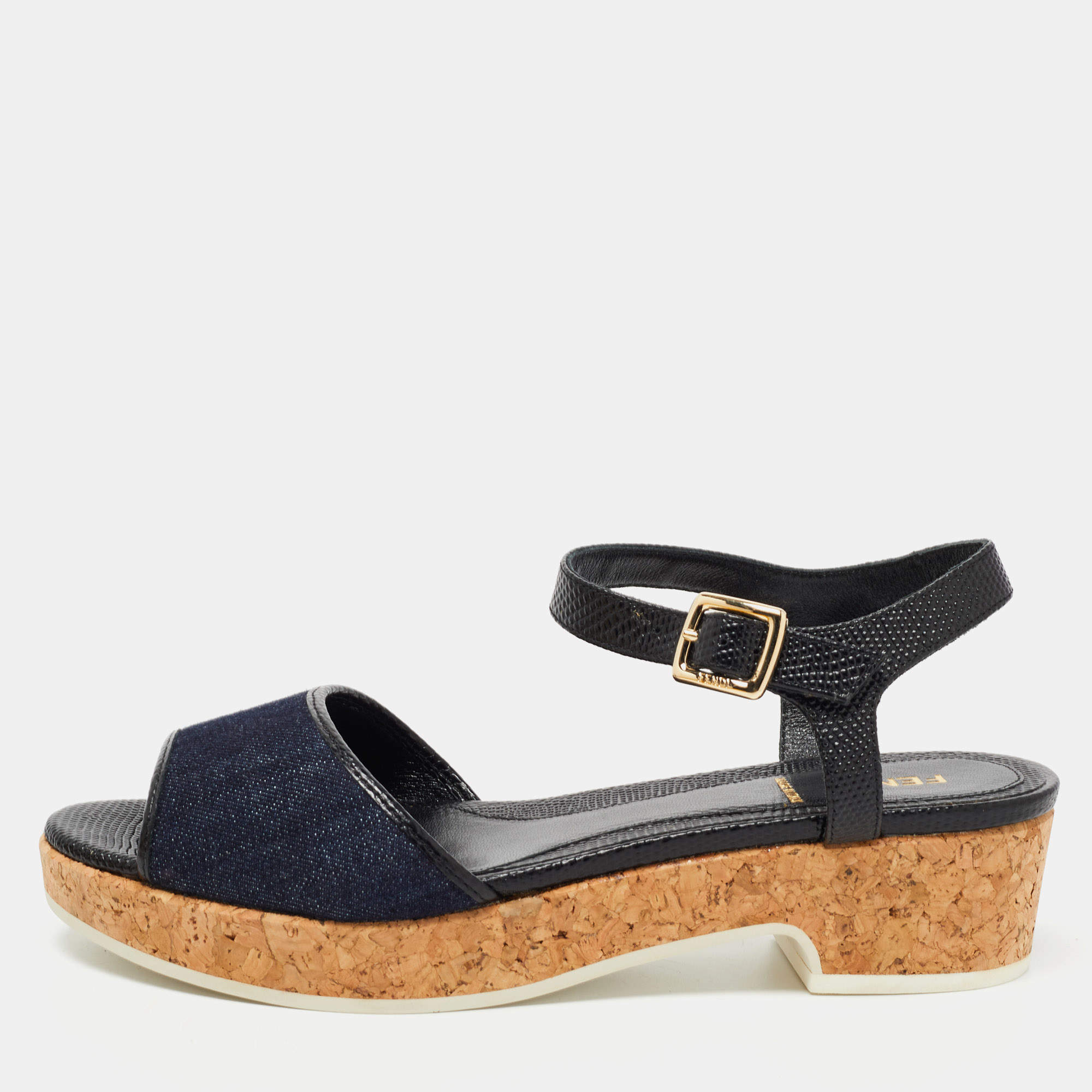 Pre Owned Fendi Blue Denim and Lizard Embossed Leather Wedge Ankle Strap Sandals Size 38