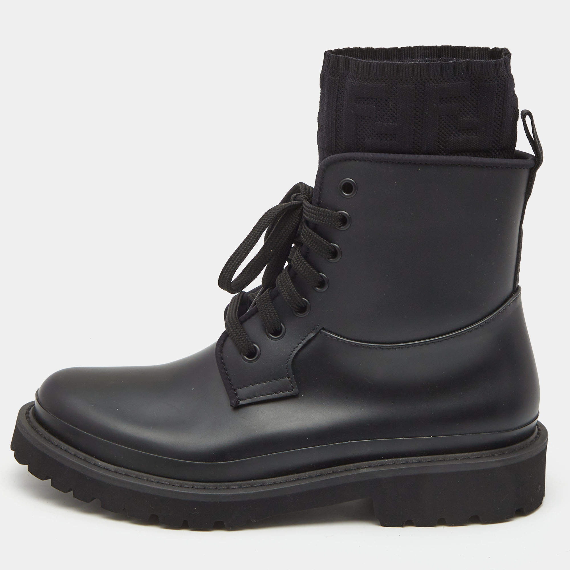 Pre Owned Fendi Black Rubber and Zucca Knit Fabric Ankle Boots Size 38