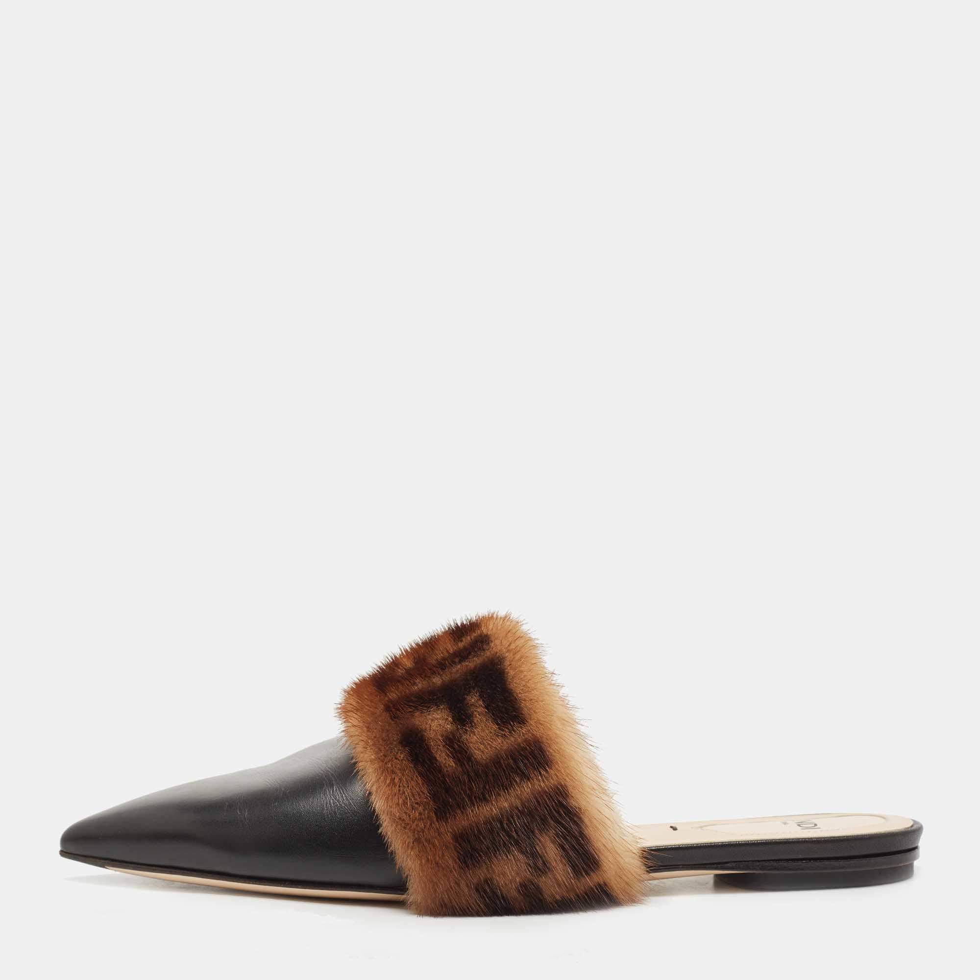 Pre Owned Fendi Black/Brown Leather and FF Fur Pointed Toe Flat Mules Size 37