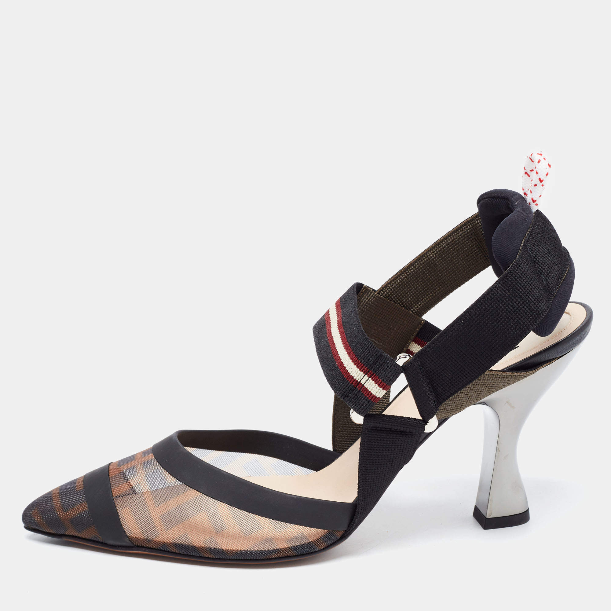 Pre Owned Fendi Brown/Black Zucca Mesh and Leather Colibri Pumps Size 38