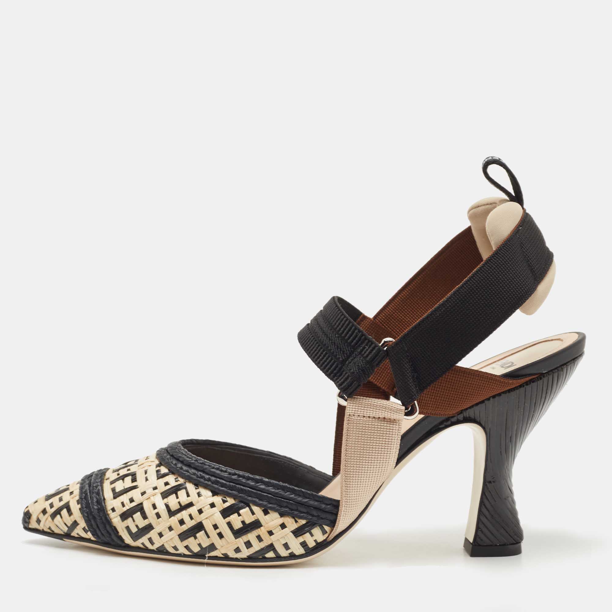 Pre Owned Fendi Black/Beige Raffia and Canvas Colibri  Pumps Size 40