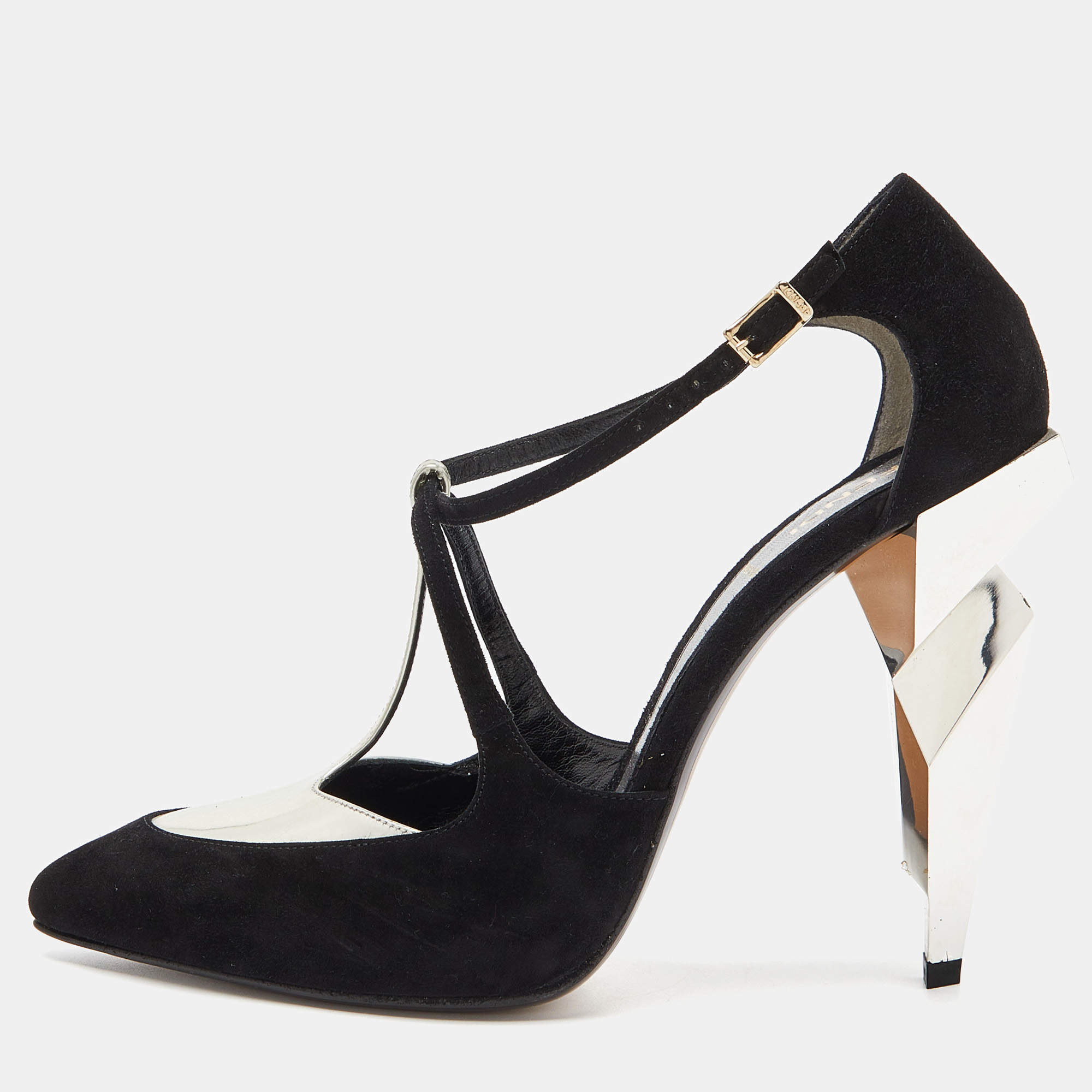 Pre Owned Fendi Black/Silver Suede and Leather Ankle Strap Pumps Size 40