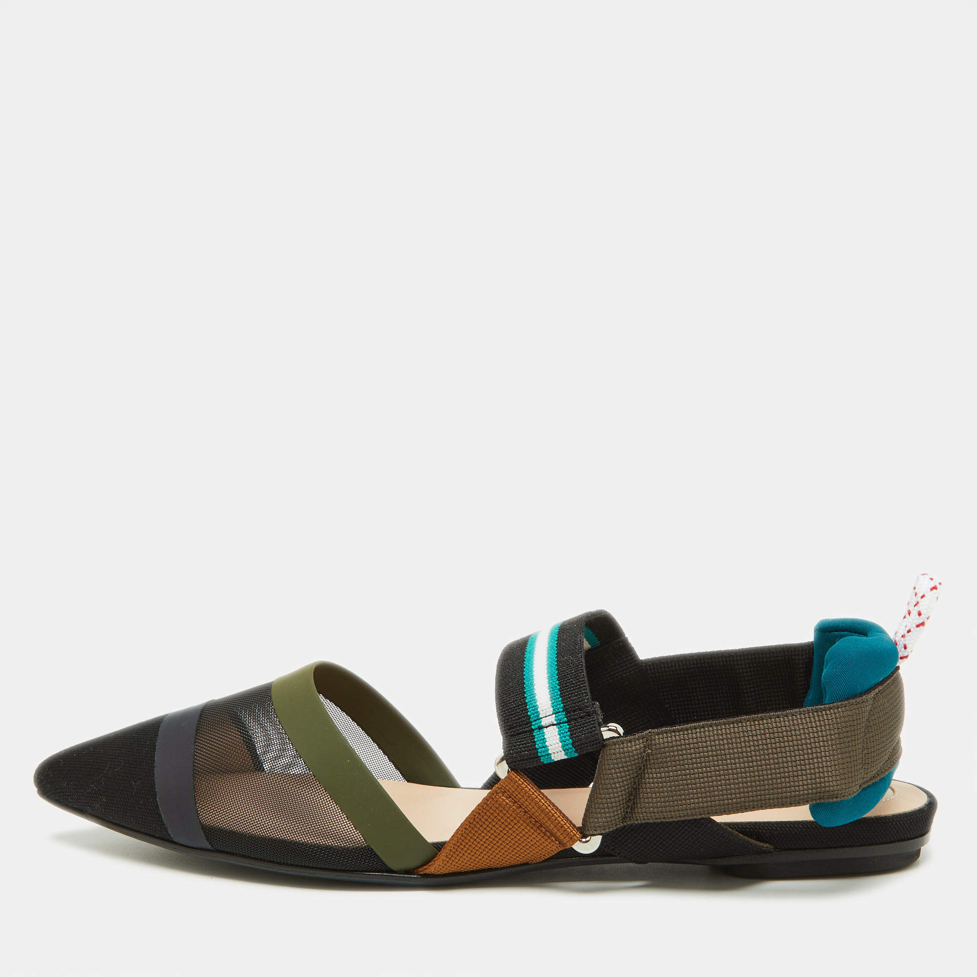 مملوكة مسبقًا Fendi Multicolor Zucca Mesh and Leather Colibri Slingback Flats Size 36
