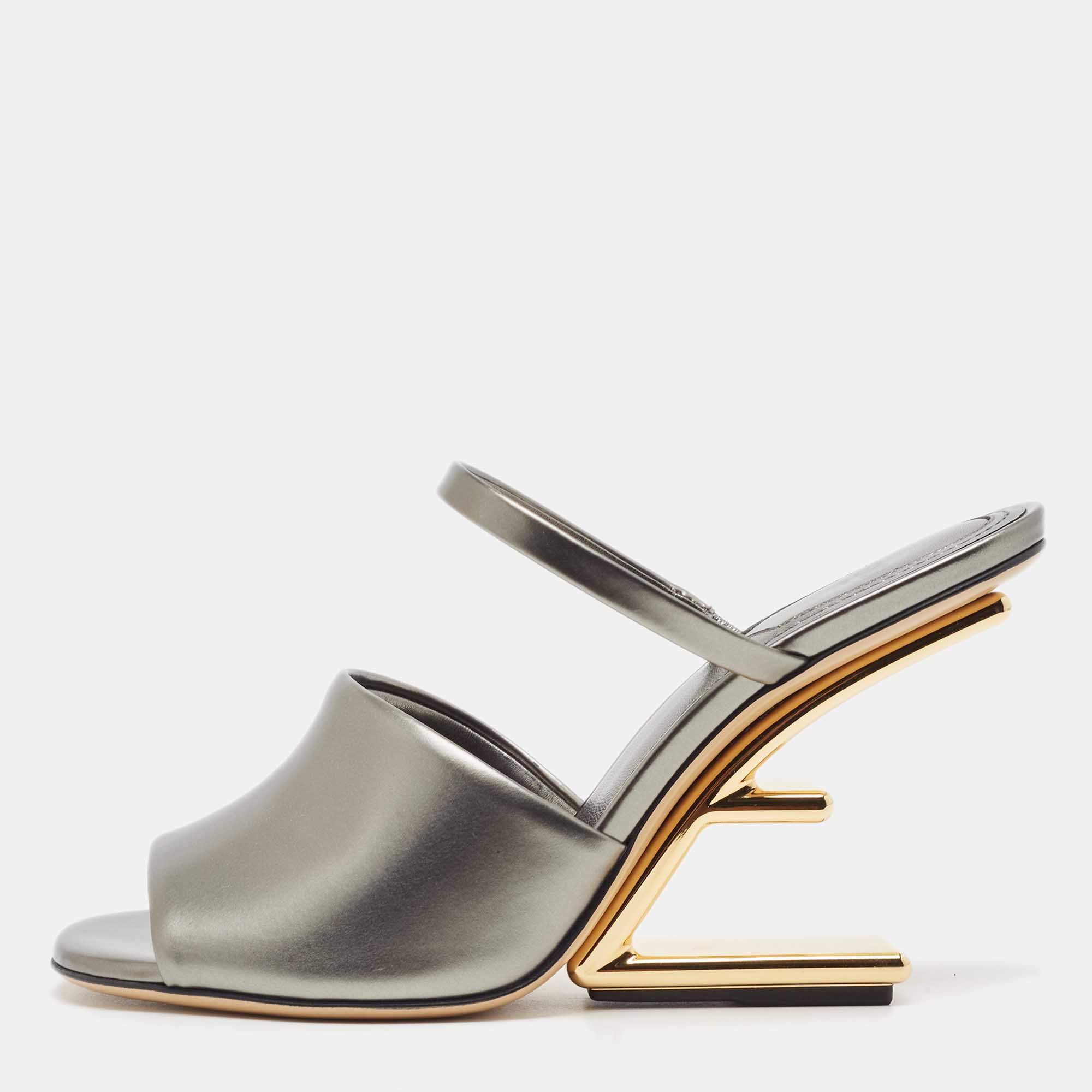 Fendi Grey Leather First Slide Sandals Size 36
