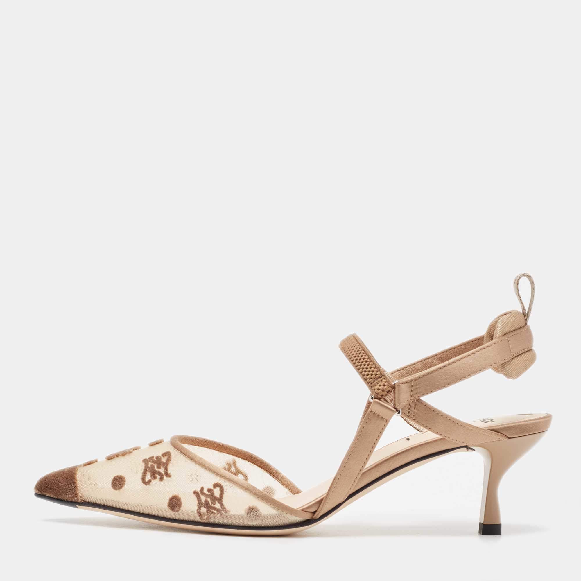 مملوكة مسبقًا Fendi Beige Mesh and Satin Colibri Pointed Toe Slingback Pumps Size 36.5