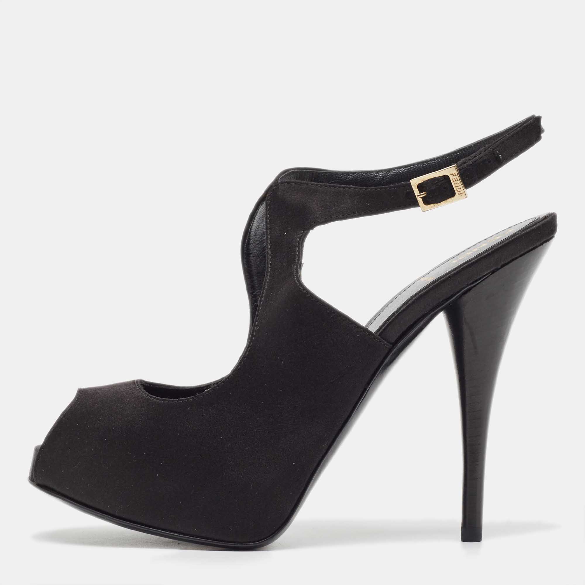 Pre Owned Fendi Black Satin Peep Toe Ankle Strap Pumps Size 38.5 