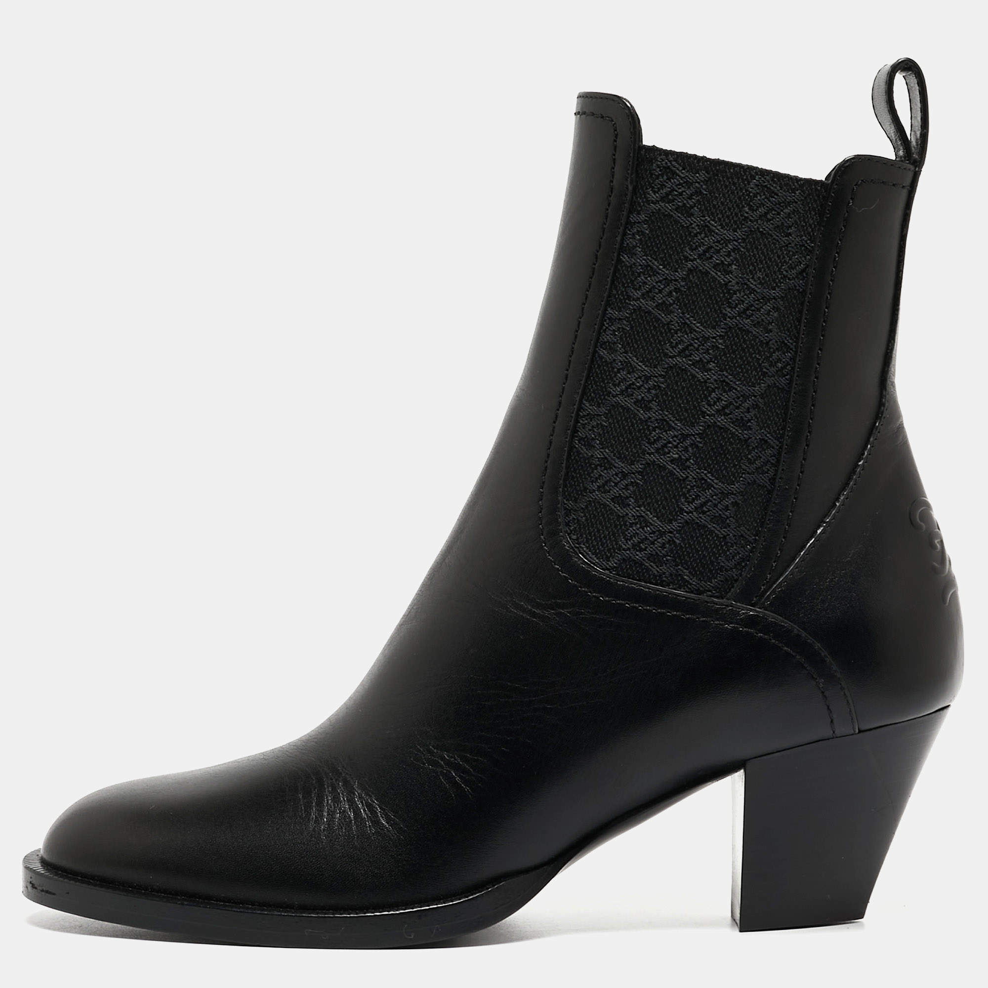 Pre Owned Fendi Black Leather and Canvas Ankle Boots Size 37