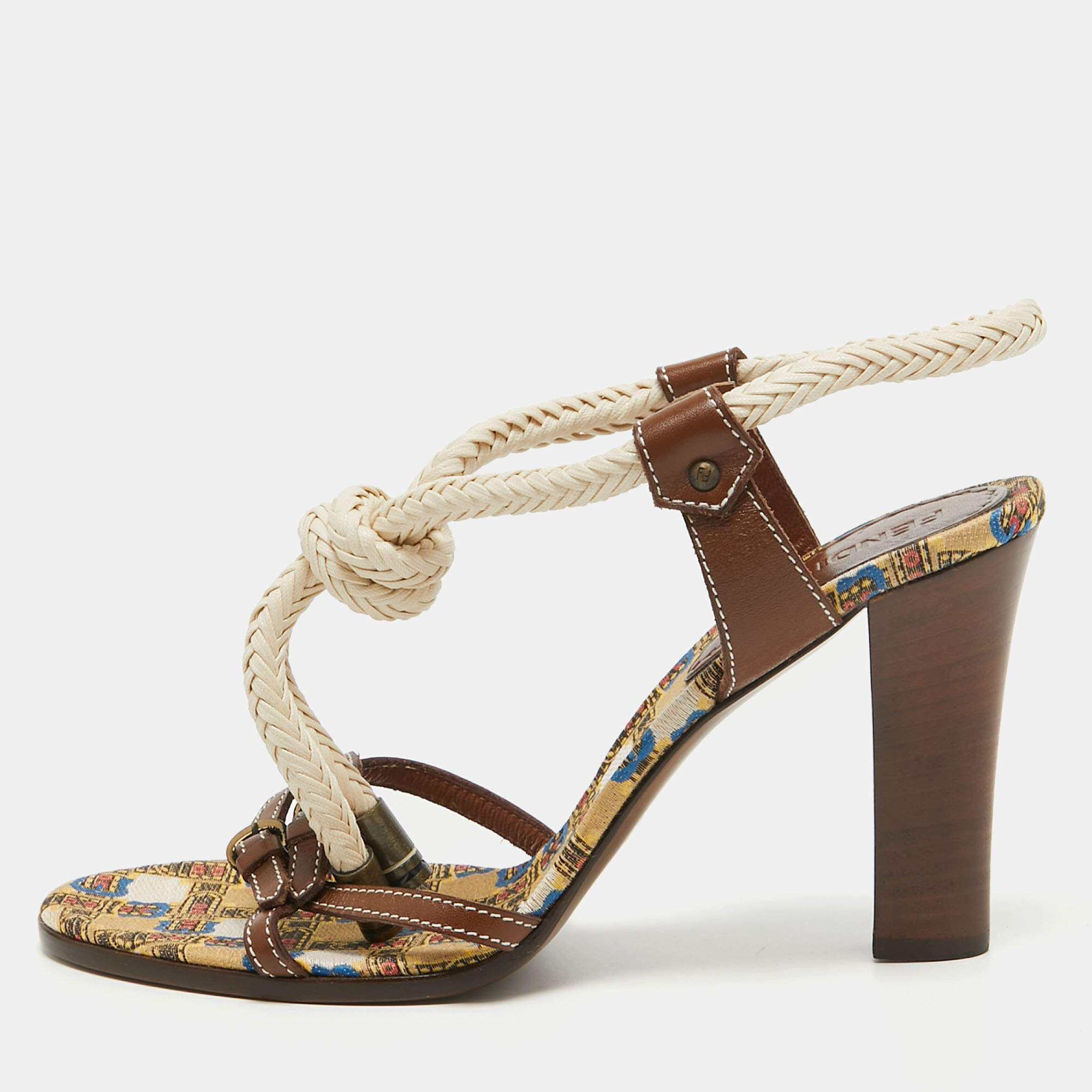 مملوكة مسبقًا Fendi Brown/White Leather Rope Strappy Sandals Size 39