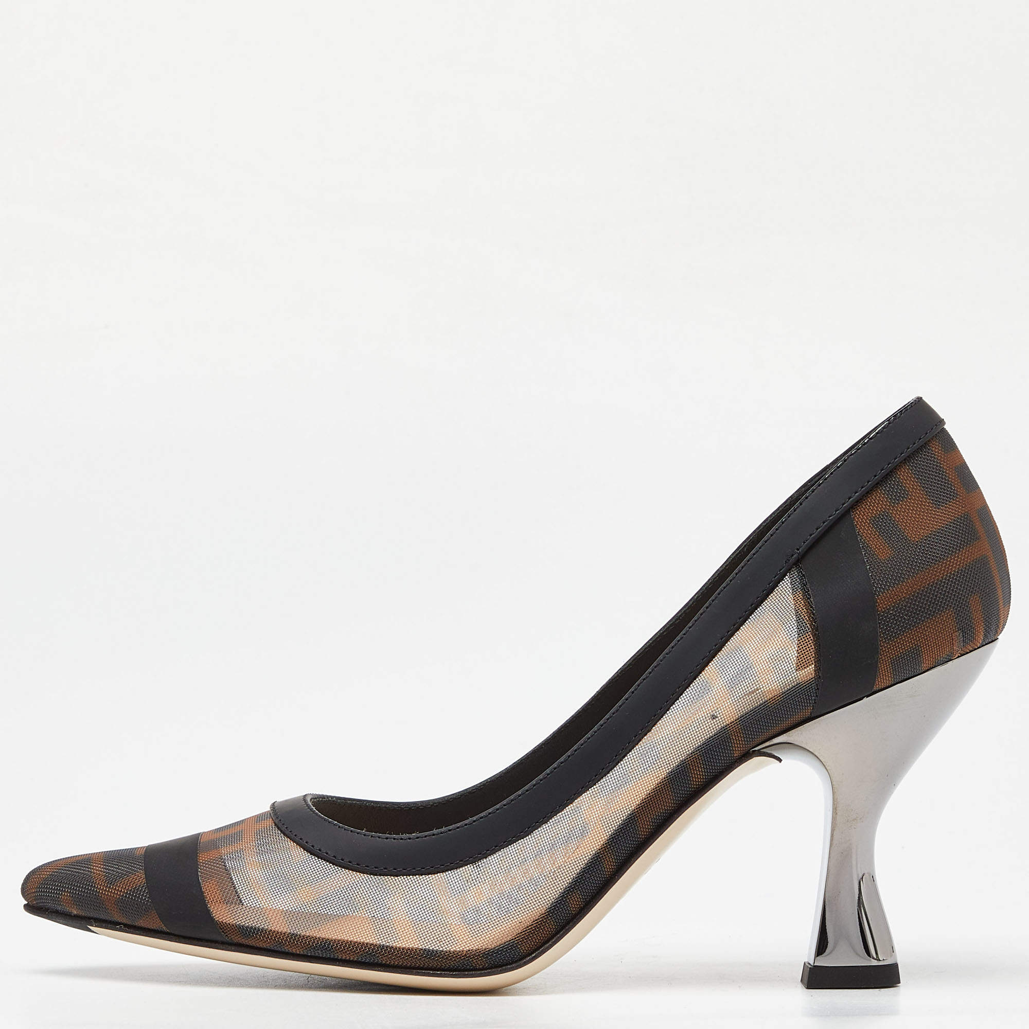 مملوكة مسبقًا Fendi Brown/Black Mesh and Leather  Colibri Pumps Size 37.5