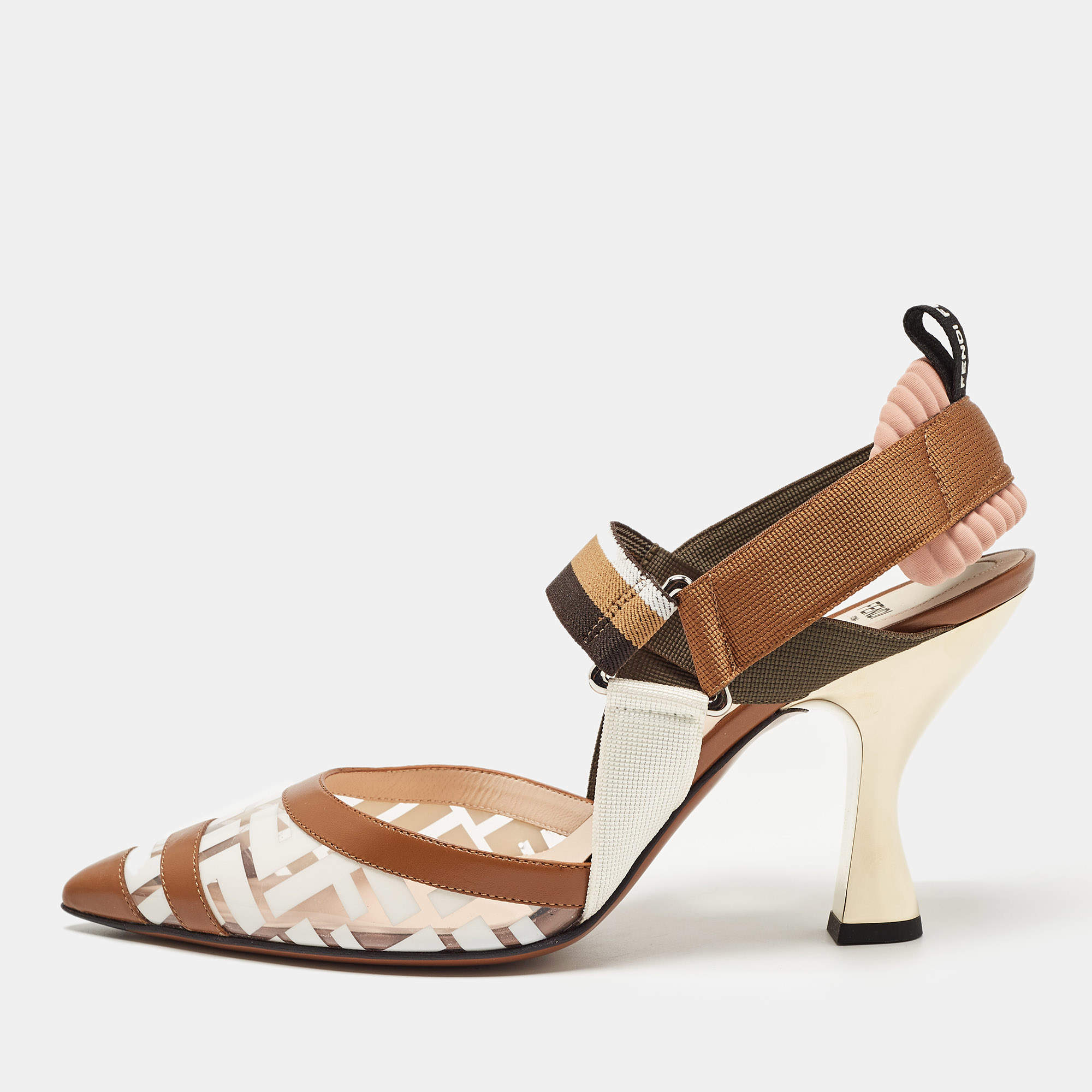 مملوكة مسبقًا Fendi Brown/White PVC and Leather Colibri Slingback Pumps Size 40