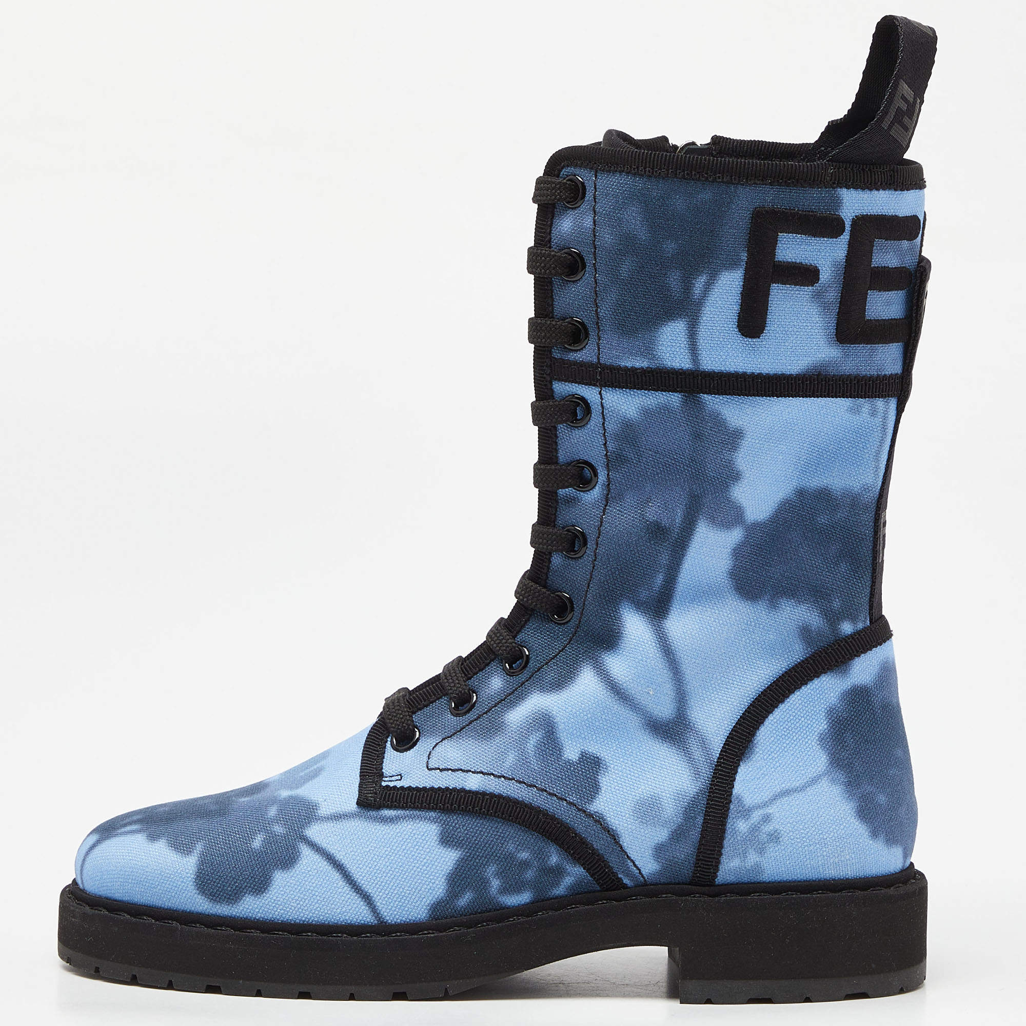 Pre Owned Fendi Blue Canvas Combat Boots Size 36.5