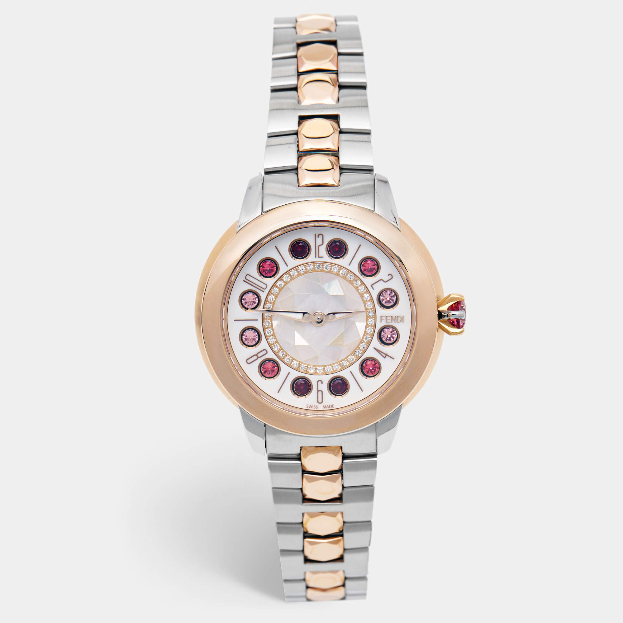 Pre Owned Fendi Mother of Pearl Diamond Spinel Topaz Two-Tone Stainless Steel IShine F121224500D2T01 Women's Wristwatch 33.50 mm