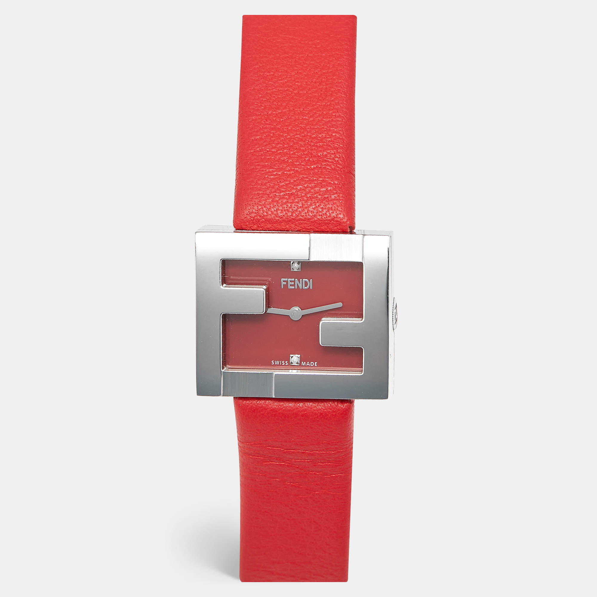 Pre Owned Fendi Fendimania F100101901 Red Dial Diamond Stainless Steel Leather Women's Wristwatch 24 mm