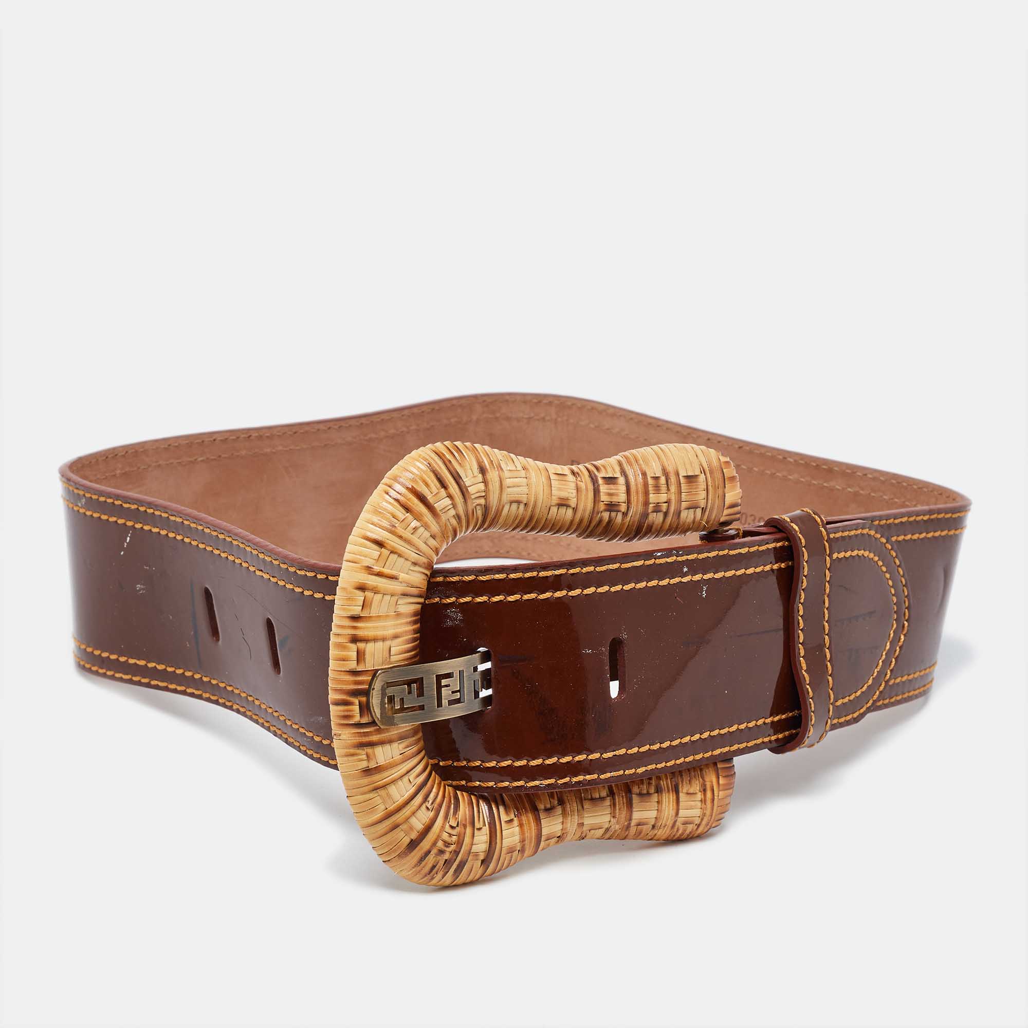 Pre Owned Fendi Brown Patent Leather B Waist Wide Belt 70CM