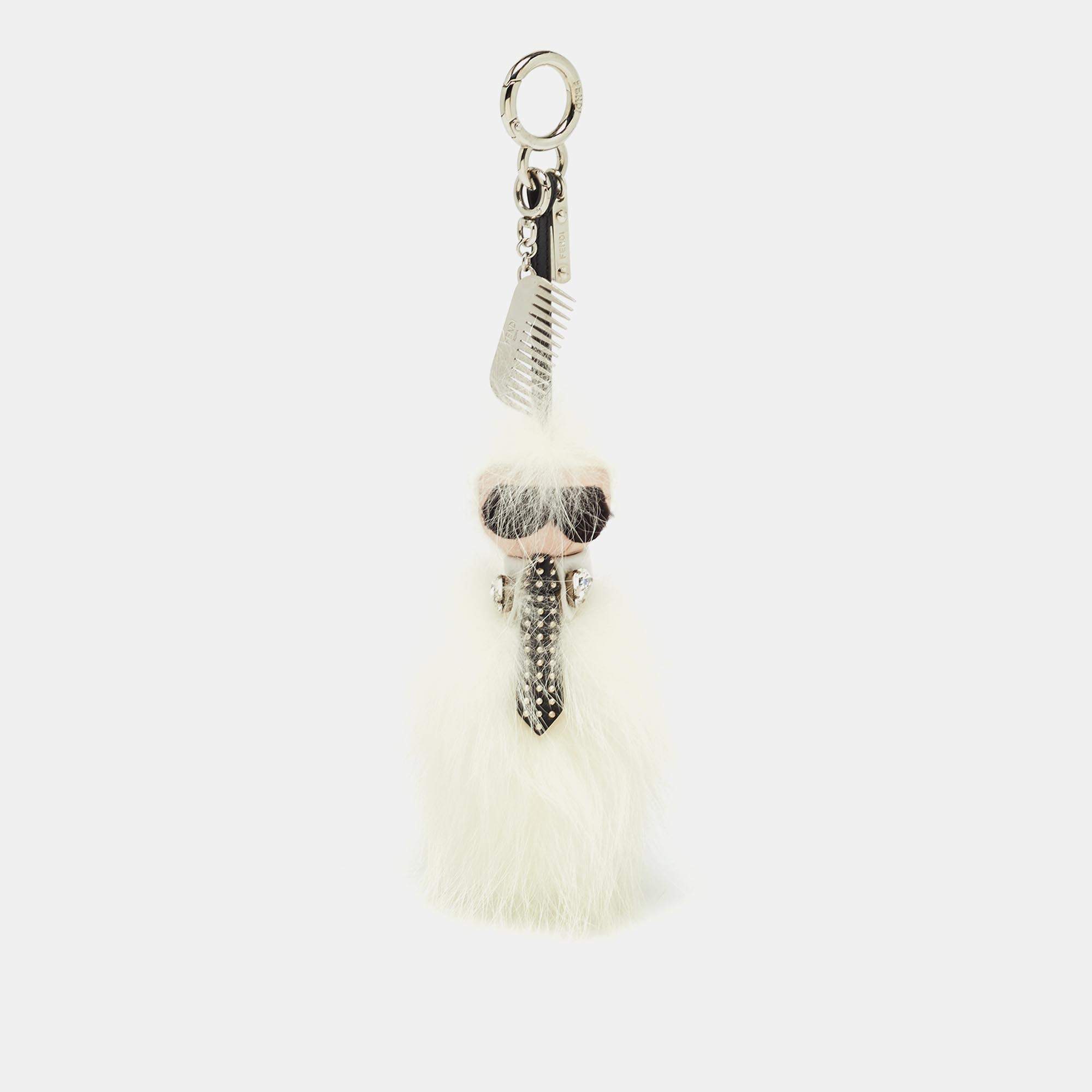 Pre Owned Fendi White/Black Fur and Leather Embellished Karlito Tuxedo Bag Charm