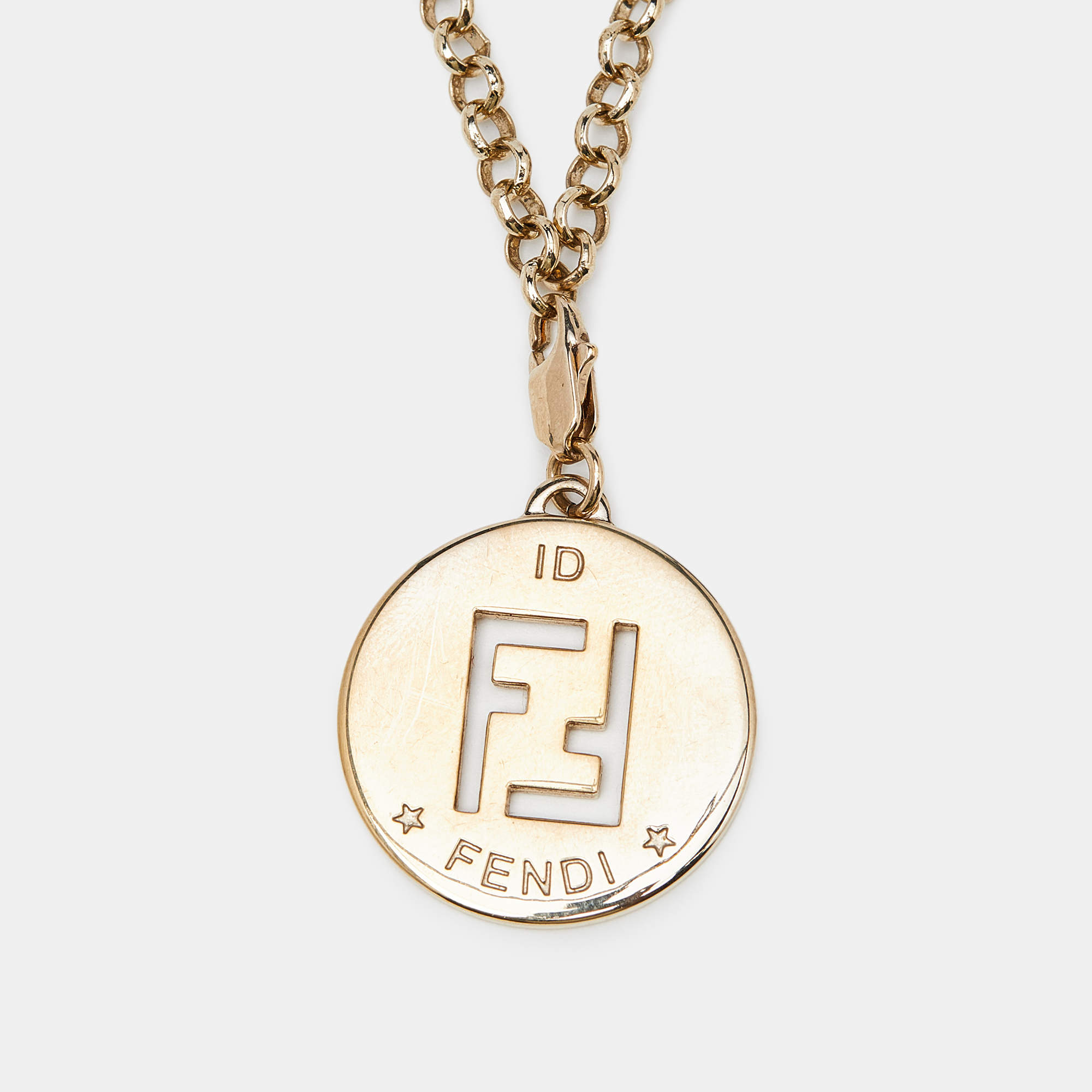 Pre Owned Fendi Gold Tone FF Identification Pendant Chain Necklace