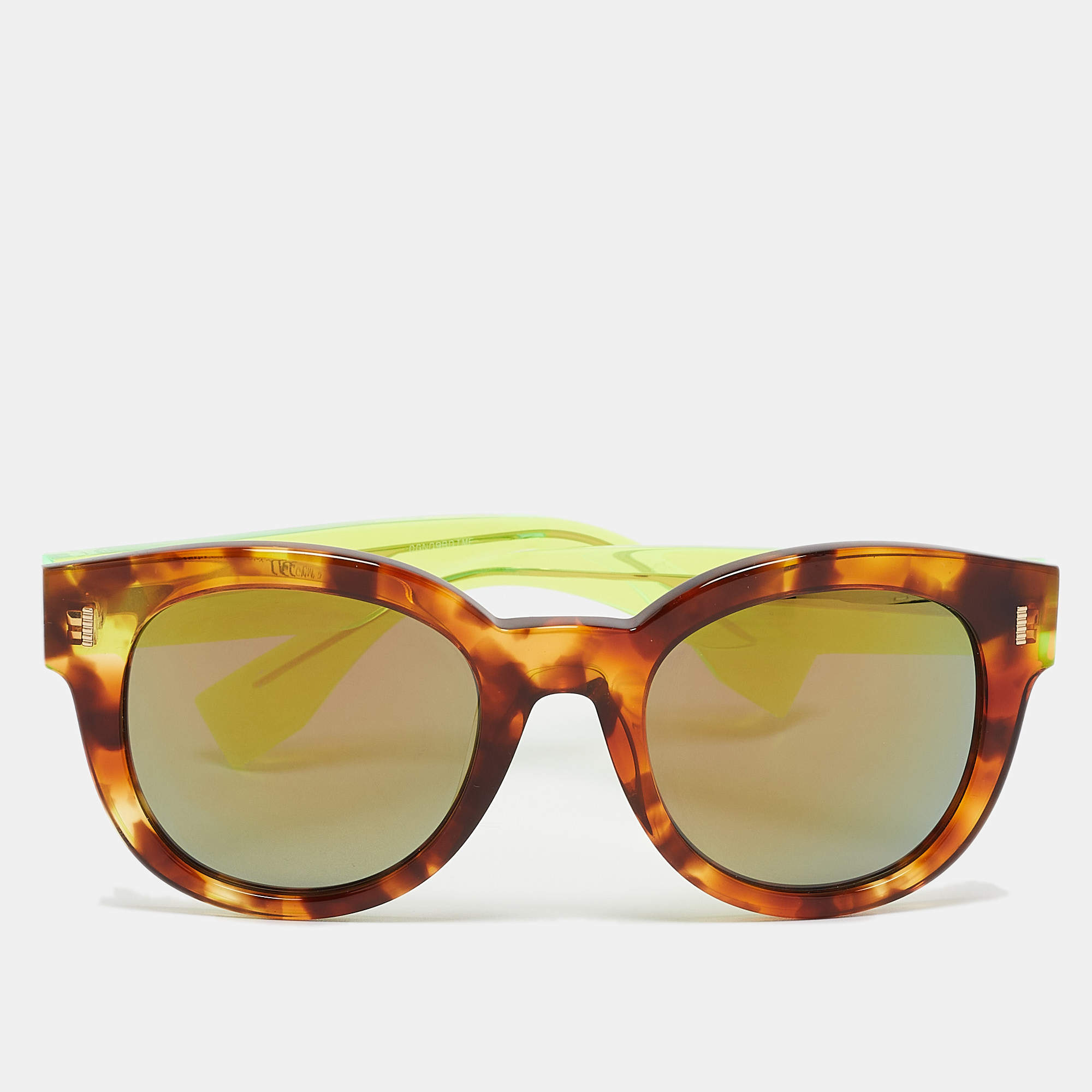Pre Owned Fendi Tortoise/Green FF0026/S Mirrored Square Sunglasses