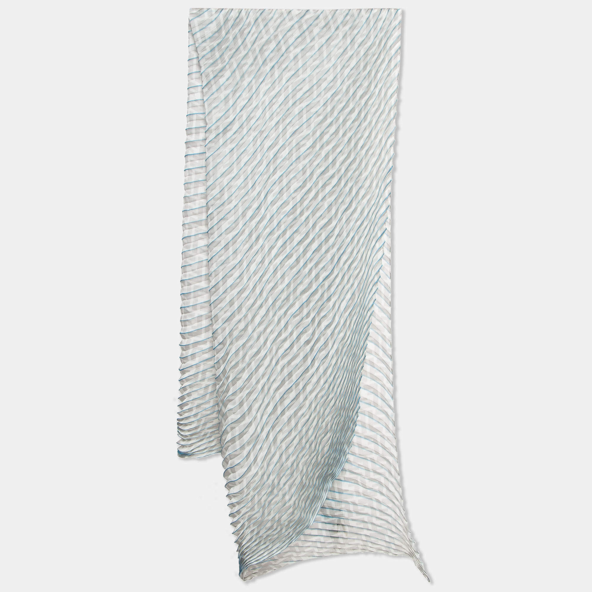 Fendi Grey/Blue Stripe Zucca Print Satin Plisse Stole 